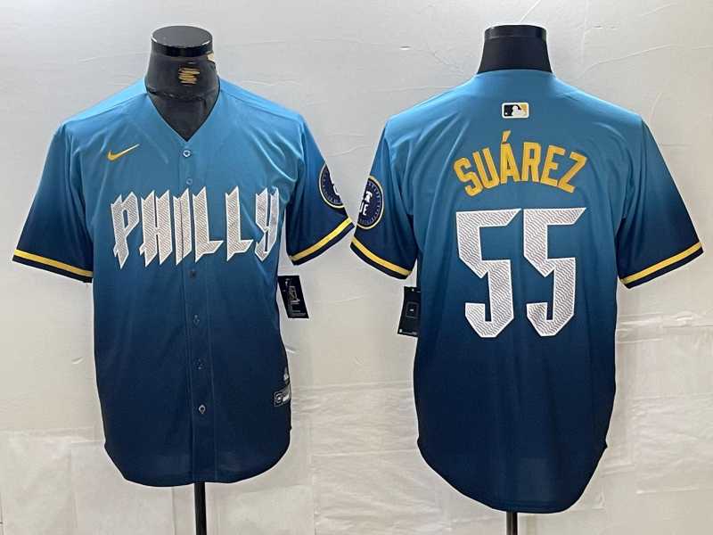 Men%27s Philadelphia Phillies #55 Ranger Suarez Blue 2024 City Cool Base Jersey